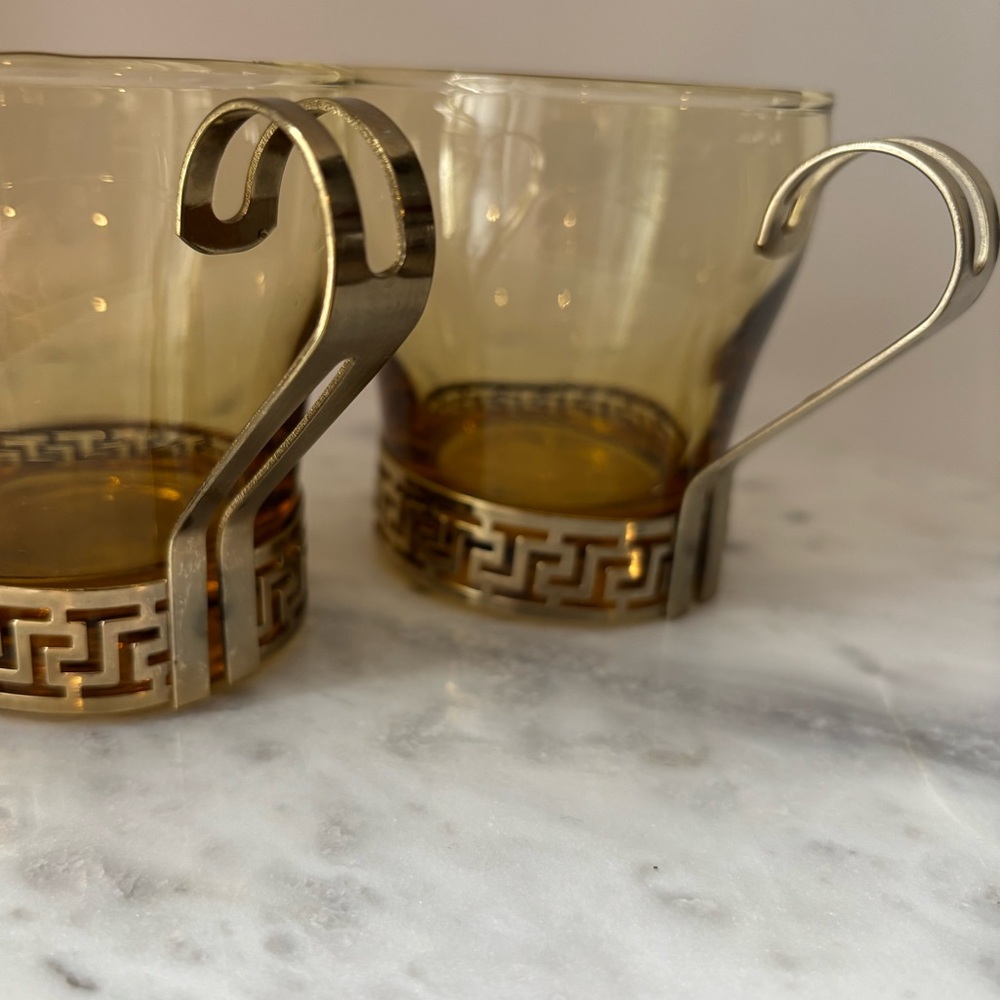 2 Vintage MCM Libbey Amber Glass Continental Cup w Gold Metal Greek Key Handles - Picture 12 of 12